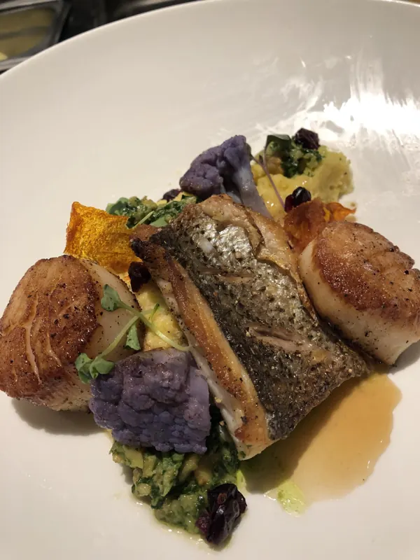 Sea bass and seared scallops