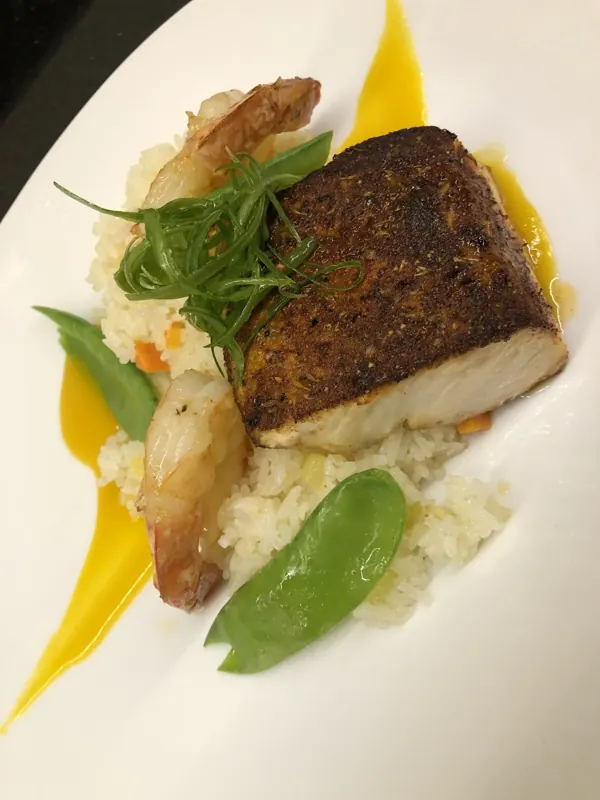 Seared fish and shrimp